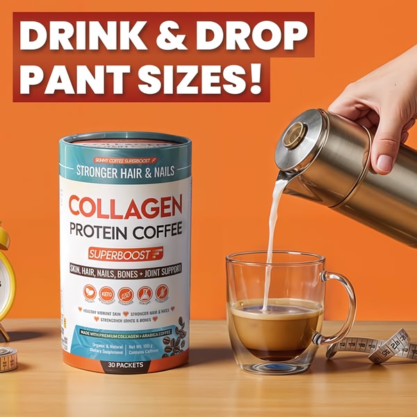 collagen coffee, protein coffee, coffee supplement, collagen powder, functional coffee, wellness coffee, beauty coffee, product launch, brand awareness, lifestyle, energetic, warm, orange, brown